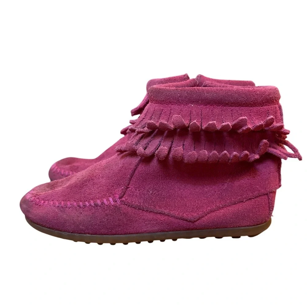 Minnetonka Moccasin‎ Boot Kids Pink Double Fringe Suede Side Zip SIZE 11